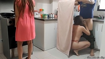 I Fuck My Cousin In The Kitchen But My Aunt Discovers Us But As She Is A Whore She Lets Me Continue To Fuck Her Next To Her